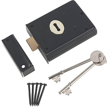Door Lock Deadlock with 2 Keys and Keep for Rim Surface Mounting Supplied with Screws - Black Finish