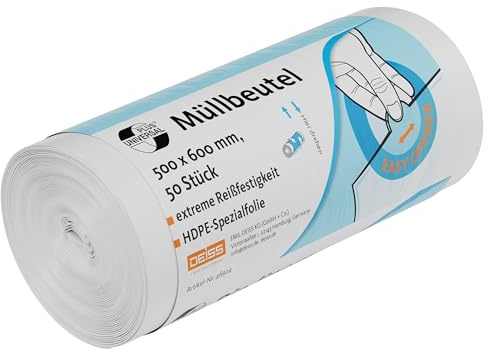 DEISS UNIVERSAL PLUS Müllbeutel aus HDPE 30 L, weiß, 50 Stück/Rolle, reißfest - ideal für leichte Büroabfälle