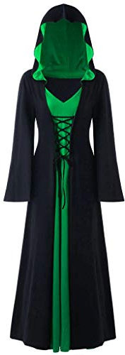 Battnot Halloween Kostüm für Damen Maxi Kleid mit Kapuze, Frauen Hoodie Hexe Cosplay Party Gotisch Robe Criss Cross Kreuzgurt Patchwork Langarm V-Ausschnitt Kleidung Womens Dress S-XXL Schwarz