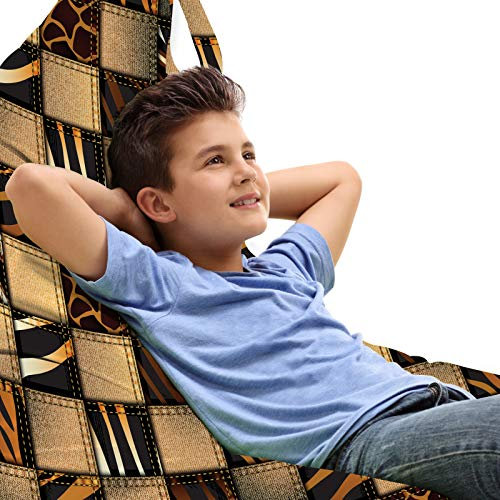 ABAKUHAUS Safari Unicorn Toy Bag Lounger Stuhl, Jeans-Denim-Patchwork, Hochleistungskuscheltieraufbewahrung mit Griff, Braun und Schwarz