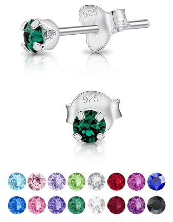 Orecchini Smeraldo Verde - Punto Luce Orecchini Verdi 3 mm - Orecchini Punto Luce Argento 925 con Brillantini di Cristallo Verde Smeraldo - Orecchini Colorati - Orecchini Lobo Donna