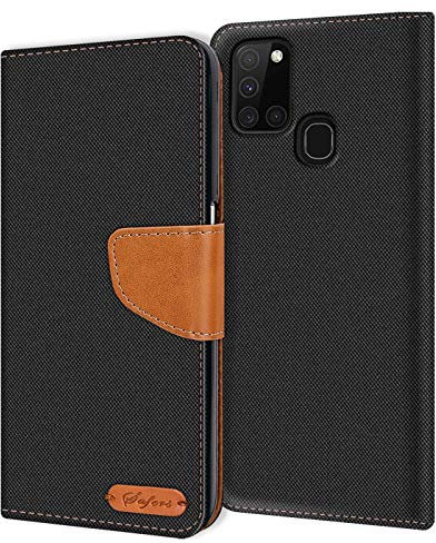 Verco kompatibel mit Samsung Galaxy A21s Hülle, Schutzhülle für Samsung A21s Tasche Denim Textil Book Case Flip Case Klapphülle, Schwarz
