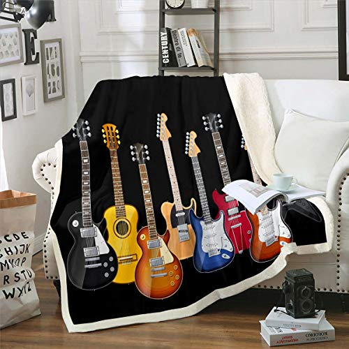 Loussiesd Gitarre gedruckt Kuscheldecke Rockmusik Thema Flanell Fleecedecke für Bett Buntes Musikmuster Wohndecke 220x240cm Hip Hop Streifen Decke…