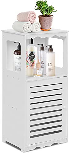 Cocoarm Armoire de salle de bain, étroite, petite, en bois, avec panneau en plastique, avec 1 compartiment ouvert et portes, 39,5 x 28 x 80 cm, blanche, 39,5 x 28 x 80 cm