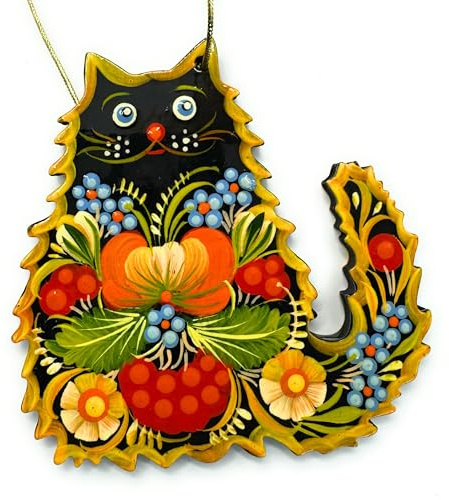 Weihnachtsschmuck Katze aus Holz, handbemalt, ukrainische Volkskunst | 8,5 x 7 x 0,5 cm, Petrykiwka-Malerei, Tiermotiv, Geschenk für Katzenfreunde, zum Aufhängen