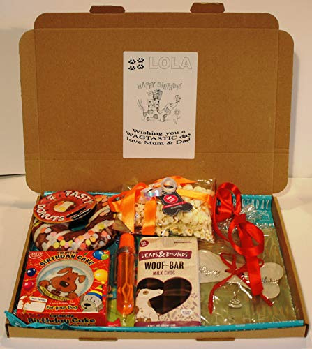 Paradise Pets Dog Birthday Luxury Letter Box Gift Box Filled with Crunchy Birthday Cake, Treats & Toys With Fun Labels and Satin Ribbons