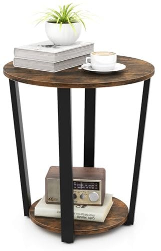COSTWAY Industrial Side Table, 2-Tier Rustic Coffee Snack Table Laptop Desk, Home Office Round End Table for Living Room Bedroom Balcony (Rustic Brown)
