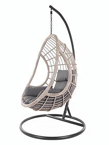 KIDEO Korbsessel: XXL Hängesessel mit Gestell & Kissen, Poly-Rattan, grau-beige (Kissen: Nest dunkelgrau [8999 Shadow])