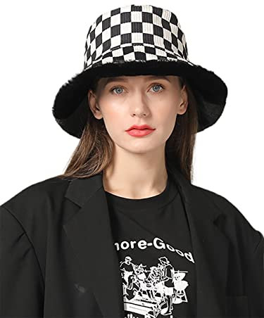 IYOU Klassischer Fischerhut für Damen, schwarz, kariert, Fischerhut, Kunstfell, doppelseitig, modisch, All-Match, Winter, flauschig, pelzig, Basin Cap für Frauen und Mädchen, Schwarz , 7 1/4