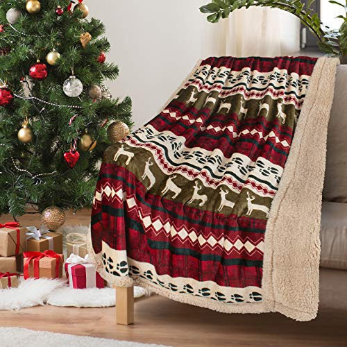 Catalonia Classy Sofadecke mit doppeltem Mikroplüsch-Sherpa-Fleece, superweich, geeignet für alle Jahreszeiten, Flauschiger Plüsch, kuschelige, Dicke Couchüberwürfe,Weihnachtshirsch,150x130 cm