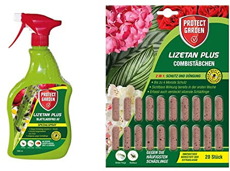 PROTECT GARDEN Lizetan Plus Blattlausfrei AF Spezialspray gegen Blattläuse an Rosen,1 Liter & Lizetan Plus Combistäbchen, Langzeit-Schädlingsfrei und Premium-Dünger in Einem, 20 Stück