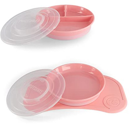 Twistshake Set de Vaisselle Bébé Mini + Assiette Divisée | Plaque D'aspiration Bébé + Set de Table Bébé (31x17 cm) + Assiette Divisée | Sans BPA | Plaque D'entraînement | Rose