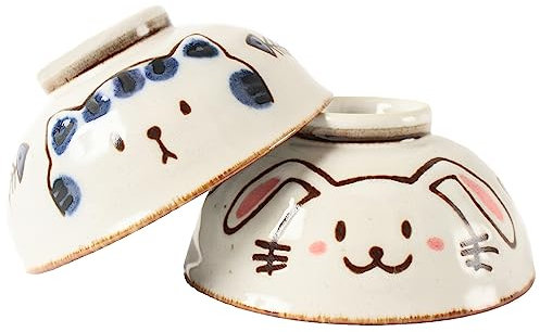 Mino ware Japanese Pottery Pair Rice Bowl Cats & Rabbit made in Japan (Japan Import) STC001