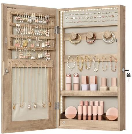SONGMICS UJJC050N01 Spiegel-Schmuckschrank mit integrierten LED-Lichtern, Wand- oder Türmontage, Schmuckaufbewahrung, Organizer, 9,5 x 37,8 x 66,4 cm, Hängespiegelschrank, Geschenkidee, Kamelbraun