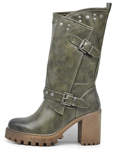 IF FASHION Stivaletti Tronchetti Da Donna Con Tacco Grosso Plateau Borchie Pelle Sintetica G673 verde militare N.37