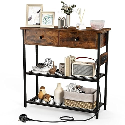 COSTWAY Console Table with Charging Station, Industrial Narrow Entryway Table with 2 Drawers & Storage Shelves, Metal Frame Slim Behind Couch Sofa Side Table for Hallway Living Room (Rustic Brown)