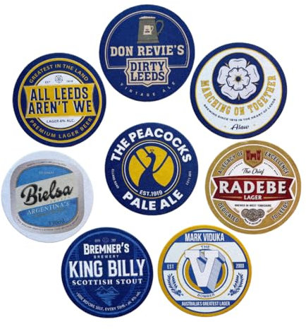 Leeds United Beer Mats – 1st Edition – Set of 8 Football Coasters for Men or Women – Unique Leeds United Gifts – LUFC Memorabilia – Gift Boxed Drink Coasters for Beer or Coffee