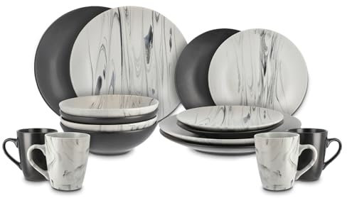 Peill+Putzler Germany, Kombiservice für 4 Personen aus hochwertigem Steinzeug, 16-teiliges Geschirrset in Marmor- & Schieferoptik, 4x Speiseteller, 4x Dessertteller, 4x Schalen, 4x Kaffeetassen