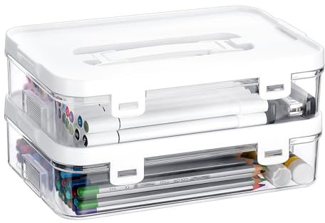 OGANAZI Clear Craft Storage Box with Lids, Multipurpose Plastic Storage Container for Art and Craft, Stackable Storage Box with Handles, Pencil Box Organiser Stationery Box, 25.8 * 16 * 14cm