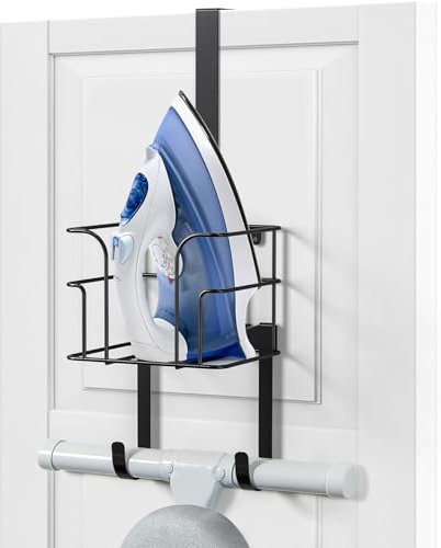 Over The Door/Wall Mount Ironing Board Hanger, Laundry Room Iron and Ironing Board Caddy Storage Holder, Black (Black)