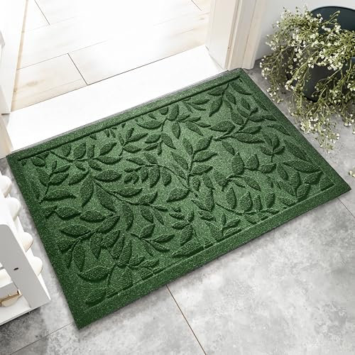VivaNest Green Leaves Outdoor Indoor Entrance Door mat, Absorbent Durable Heavy Duty Welcome Front Door Mat,Thick Natural Rubber Back,Easy Clean Entryway Mat 17x30 Inch, Low Profile
