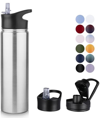 MURBONE Insulated Water Bottle, 750ml Stainless Steel Drink Flask with Straw, BPA Free, 2 Lids (Straw Lid and Spout Lid), Leakproof Double Walled Vacuum Water Bottle, Stainless Steel