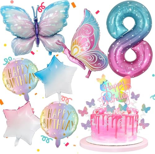 8 Jahre Schmetterling Geburtstag Deko - 18 Stück mit Schmetterling Tortendeko & Folienballon, Bunt Schmetterlinge Geburtstagsdeko für Mädchen