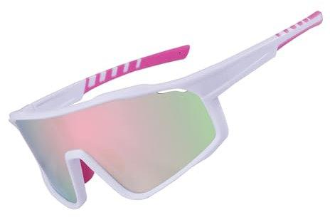 OKH Polarizzati Occhiali da Sole Ciclismo Uomo Donna Sport All'aria Aperta UV400 Guida Pesca Mountain Bike (Bianca Montatura Lente con Pellicola Rosa)