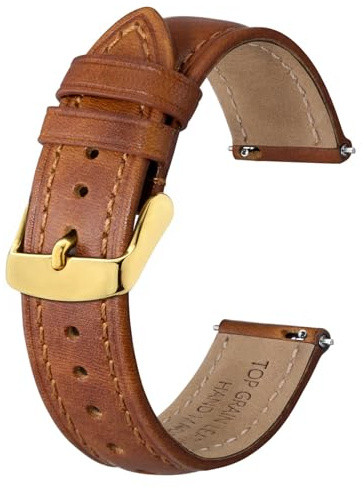 BISONSTRAP Rétro Bracelets de Montre en Cuir pour Homme, Bracelet de Rechange en Cuir de Veau Ciré à L'huile, Dégagement Rapide, 20mm, Marron Caramel (Boucle Dorée)