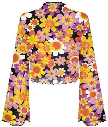 POLERO Haut Y2K Bell pour Femmes à Manches Longues avec Bordure Laitue Chemise Blouse Col Montant en Maille Transparente Années 70, Fleurs hippie, S