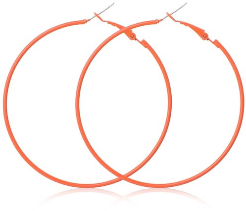Große Neon Ohrringe Damen 6cm Vintage Creolen 80er 90er Jahre Runde Metall Hoop Earrings für Party, Halloween, Weihnachten, Mottoparty, Kostümparty (Orange)