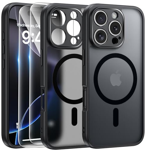 FLLAO Cover Magnetica per iPhone 16 Pro Custodia e 2 Pellicole in Vetro Temperato, Cover iPhone 16 Pro Magsafe, Custodia Traslucida Opaca Posteriore Sottile Antiurto Protettiva Case, Nero