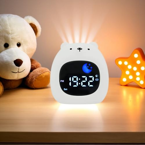 xinjinhju Kinder Wecker Nachtlicht mit 9 Lichtfarben und 6 Weißen Geräuschen, Digitaluhr zum Schlaftraining, Helligkeit und Ton Einstellbar, Geschenke für Jungen Mädchen – Bär