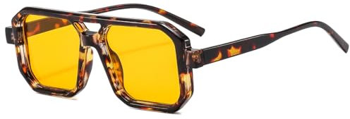 Long Keeper Retro Pilot Sonnenbrille Herren Damen 70er Jahre Flache Vintage Quadratische Doppel Brücken UV400 Schutz (Leoparden Orange)