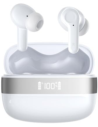 OWMSIC Wireless Bluetooth Headphones, New Bluetooth 5.3 HiFi Stereo Headphones with 4 HD Mic, 48H Wireless Headphones with Noise Cancelling ENC, LED Screen, IPX7 Lmpermeable, White