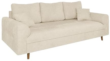 S-Style Möbel Sofa Couch 3 Sitzer Mit Kissen Holzfüße Braun Freistehend Chenille Stoff Bjorn Beige