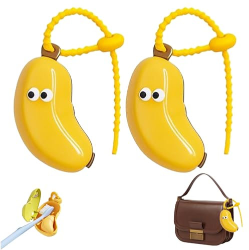 Banane Zahnbürsten Schutzkappe – mit Zahnpastaspender, Banana Toothbrush Head Cover, Cute Bananen Zahnbürsten Etui, Bananen-Zahnbürstenschutz für Zuhause, Reisen, Outdoor, Camping (Gelb, 2 Stück)