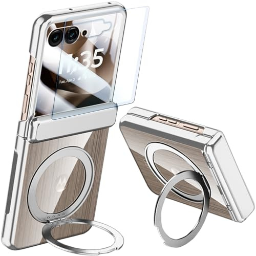 Klare Hülle für Motorola Razr 60 Ultra/70 Ultra mit Magnetischem Drehring-Ständer und Displayschutz & Scharnierschutz, Transparente Plattierung Kabellose Ladehülle für Razr 70 Ultra/60 Ultra(Silber)