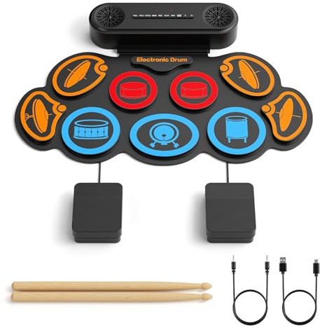 Electric Drum Kit, 9 Pads Roll Up Kids Drum Pad Set, with 2 Build-in Stereo Speakers, 2 Foot Pedals & Drum Sticks, Headphones/Bluetooth/MIDI Support, Birthday Christmas Gifts for Kids Beginner