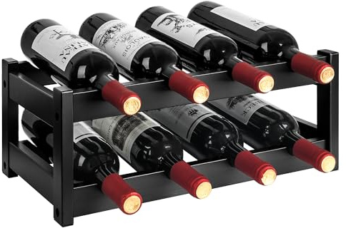 VASMIA Botellero de bambú, Soporte para 8 Botellas, estantes de Almacenamiento Independientes de 2 Niveles para Cocina, despensa, Bodega Bar,Negro
