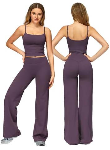 Odizli Sport Set Damen Spaghetti Top mit Integriertem BH + High Waist Wide Leg Leggings Fitness Gym Yoga Sportanzug
