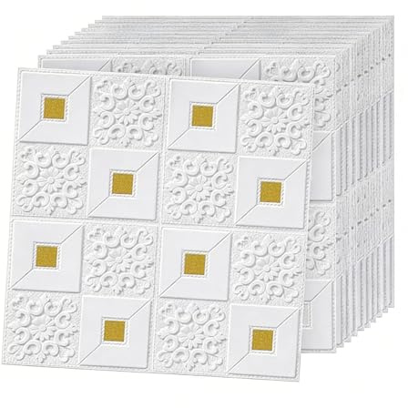 Vibeo Carrelage Adhesif Mural 10 Dalles de Faux Plafond Autocollantes en Mousse, Autocollant de Dalles Blancs Texturés en 3D, Papier Peint Adhésif Imperméable pour Plafond(Gold)