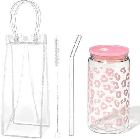 Glass Cups with Lids and Straws, 16Oz Reusable Iced Coffee Cups, Matcha Cup | Matcha Glass Tumbler with Straw and Lid, Iced Latte Glass with Transparent Bag, for Juice, Coffee, and Smoothies ice latte gl