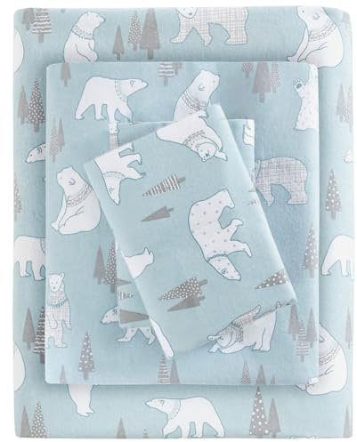 Sleep Philosophy True North by Kuscheliges Flanell-Bettwäsche-Set, 100% Baumwolle, Motiv: Tiere, Sterne, niedlich, ultraweich, für kaltes Wetter, Doppelbett, Blaue Eisbären, 3-teilig