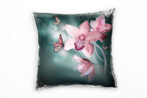 Paul Sinus Art Blumen, Tiere, rosa, türkis, Orchidee, Schmetterlinge Deko Kissen 40x40cm für Couch Sofa Lounge Zierkissen - Dekoration zum Wohlfühlen