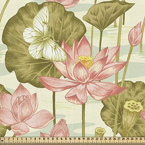 ABAKUHAUS asiatisch Gewebe als Meterware, Exotischer Laub-Schmetterling, Schön Gewebten Stoff für Polster und Wohnaccessoires, 1M (148x100cm), Hellgrün und Puder Rosa