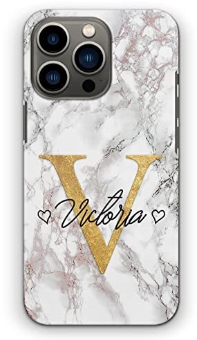 Personalised Initials Hard Phone Case For Apple iPhones, 16, 15, 14,13, 12, 11, Pro Max, Mini, XR, SE Grey and Red Marble Print with Custom Yellow Initial & 2 Heart Name, Marble Phone Cover