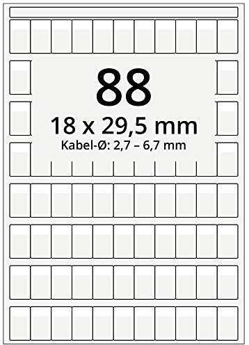 Selbstlaminierende Kabeletiketten auf DIN A4 Bogen, transparent - 18 x 29,5 mm - 8.800 Kabelmarkierer selbstklebend auf 100 Blatt, glänzend, für Kabel-Ø 2,7 bis 6,7 mm