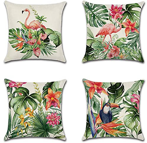 JOTOM Kissenbezug Dekokissen Sofakissen Wurfkissen Kissenhülle für Couch Zimmer Wohnzimmer Schlafzimmer Heimdekoration 45 x 45 cm 4er Set (Tropische Pflanzen und Flamingo)