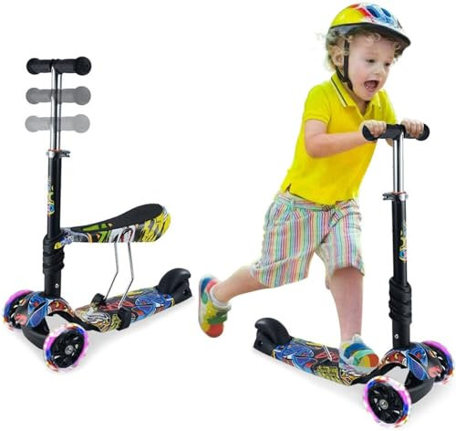 3-in-1 Kinder Roller Scooter mit Abnehmbarem Sitz und LED Leuchträdern Rollen|Höhenverstellbarer Kinderroller Mit Hinterradbremse für Kleinkinder Jungen Mädchen ab 2 Jahre(Graffiti)
